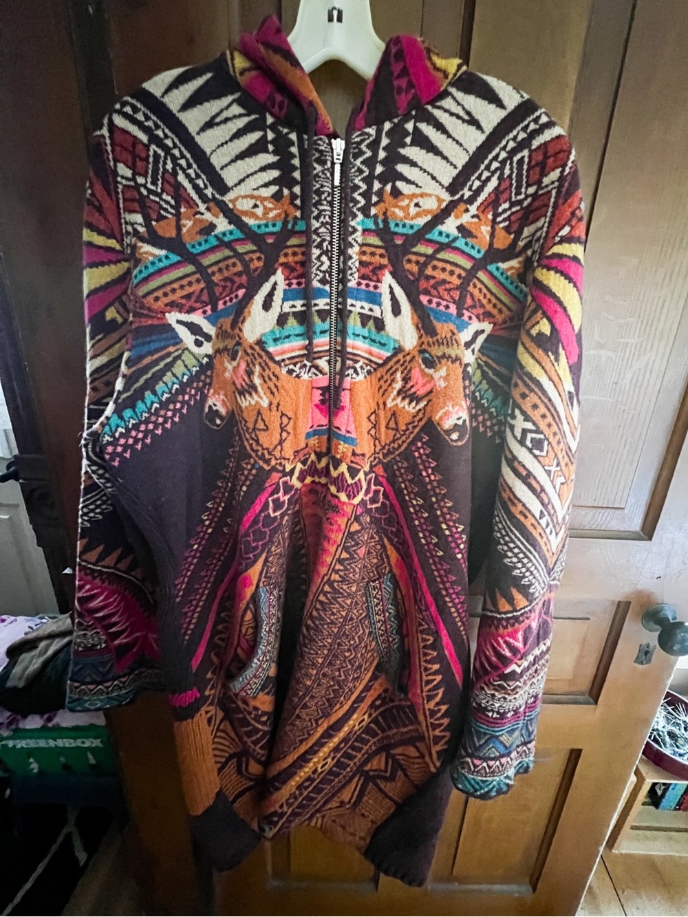 Multicolor Hooded Zip-Front Long Sleeve Dress — Vibrant Pink & Brown Pattern